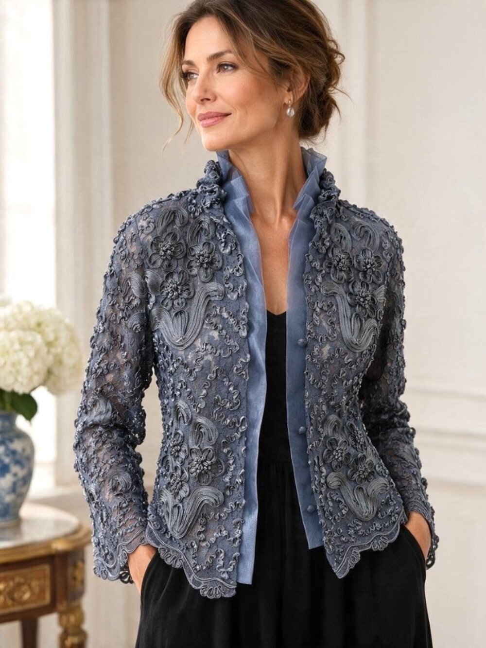 Vintage Thai Silk Floral Lace Jacket Slate Blue Ruffle Collar (M)